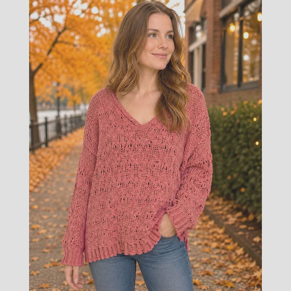Chelsea & Theodore XS Mountain Rose Loose Fit Cable Knit V Neck Sweater Boho #19